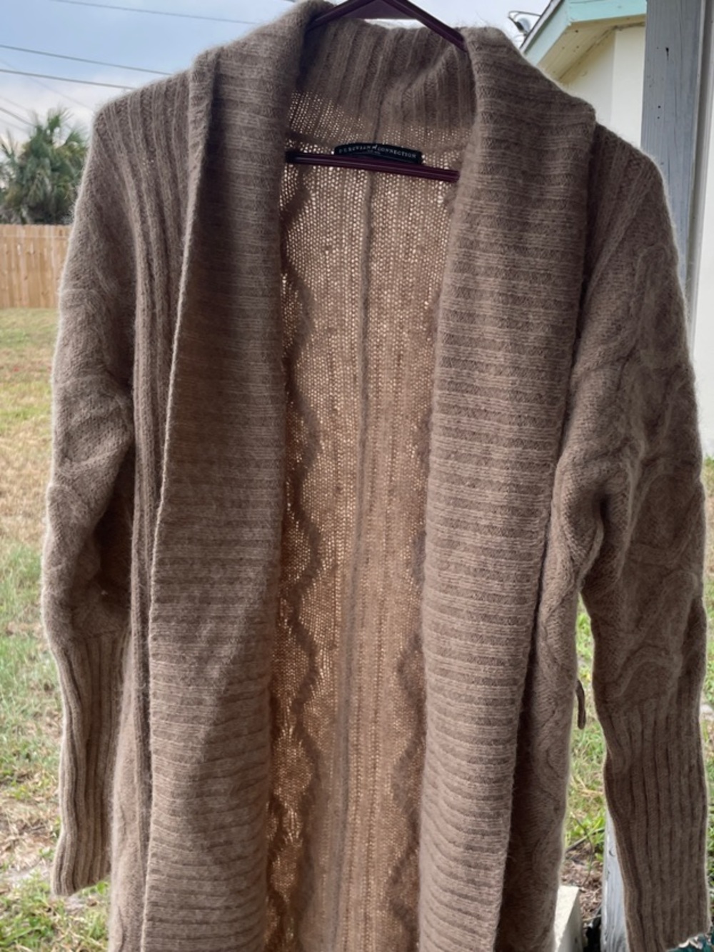 Peruvian Connection Taupe Open-Front Cable Knit Cardigan